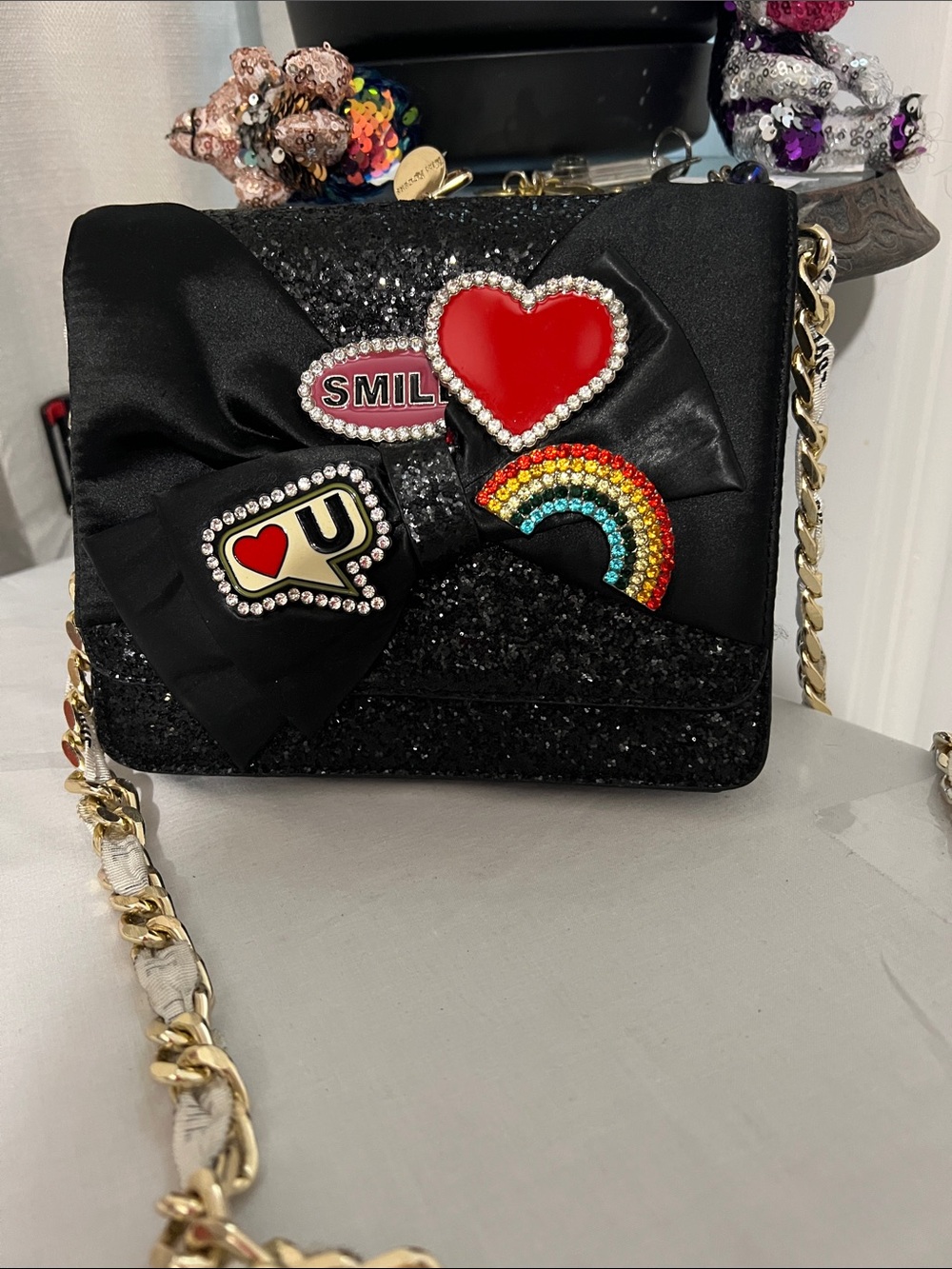 Aldo Black Sequin Bow Crossbody with Colorful Pin Charms